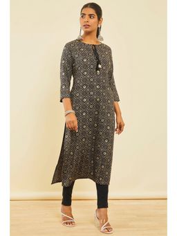 Soch - Black Rayon Ethnic Print Kurta With Tassels