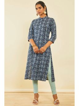 Soch - Navy Blue Rayon Ikkat Print Kurta
