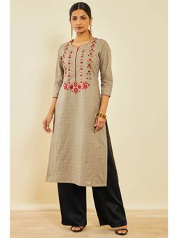 Soch - Earth Cotton Embroidered Kurta With Thread Work