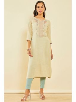 Soch - Beige Rayon Slub Embroidered Kurta With Thread Work