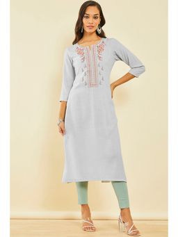 Soch - Grey Rayon Slub Embroidered Kurta With Thread Work