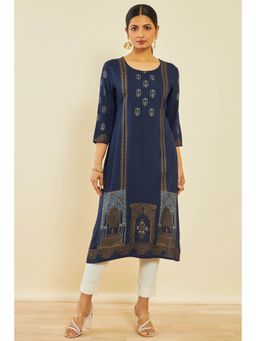 Soch - Navy Blue Rayon Foil Print Kurta With Beads