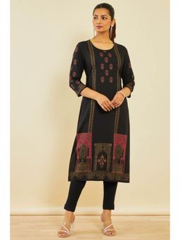 Soch - Black Rayon Foil Print Kurta With Beads