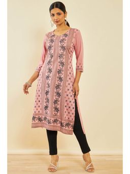 Soch - Peach Rayon Floral Print Kurta With Beads
