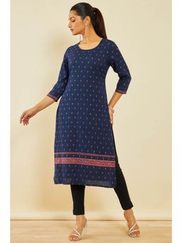 Soch - Navy Blue Rayon Abstract Print Kurta With Beads