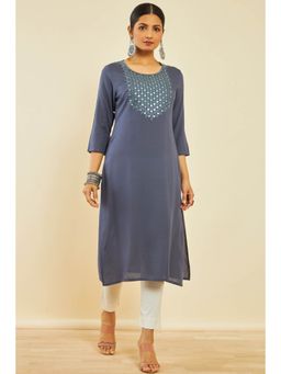 Soch - Dark Grey Rayon Embroidered Kurta With Faux Mirror