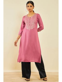 Soch - Onion Pink Rayon Embroidered Kurta With Thread Work