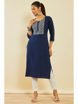 Soch - Navy Blue Rayon Embroidered Kurta With Thread Work