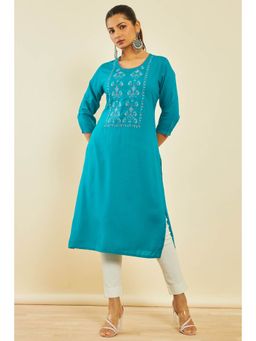 Soch - Turquoise Blue Rayon Slub Embroidered Kurta With Thread Work