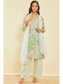 Soch - Sap Green Organza Abstract Print Dress Material with Sequins (Set of 3)