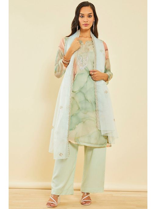 Buy Soch Sap Green Organza Abstract Print Dress Material with Sequins (Set  of 3) Online