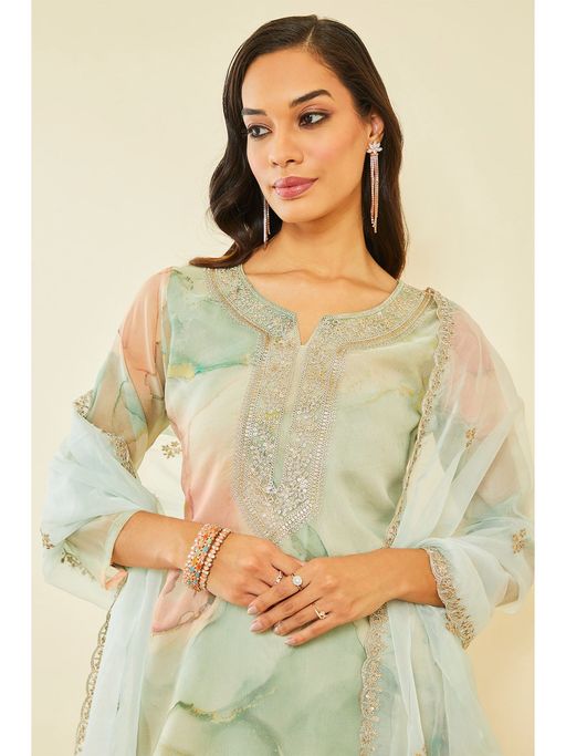 Buy Soch Sap Green Organza Abstract Print Dress Material with Sequins (Set of 3) Online Buy Soch Sap Green Organza Abstract Print Dress Material with Sequins (Set of 3) Online