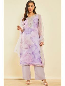 Soch - Purple Organza Abstract Print Dress Material with Sequins (Set of 3)