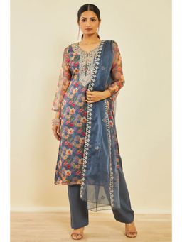 Soch - Grey Organza Floral Print Dress Material with Sequins (Set of 3)