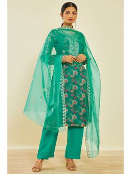 Soch - Teal Organza Floral Print Dress Material with Sequins (Set of 3)