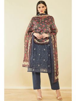 Soch - Grey Chanderi Botanical Print Suit With Gotta Patti (Set of 3)