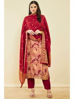Soch - Deep Red Brocade Abstract Print Suit With Beads (Set of 3)