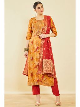 Soch - Mustard Brocade Abstract Print Suit With Beads (Set of 3)