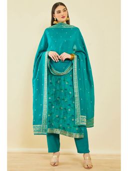 Soch - Turquoise Blue Brocade Botanical Print Suit With Beads (Set of 3)