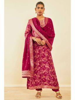 Soch - Fuchsia Brocade Floral Print Suit With Beads (Set of 3)