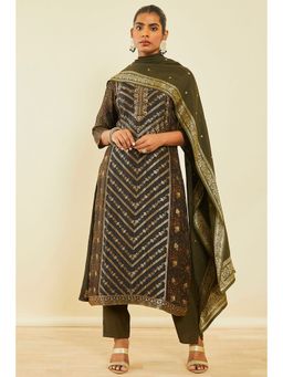 Soch - Green Brocade Embroidered Suit With Beads (Set of 3)