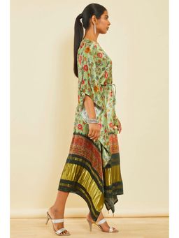 Soch - Sap Green Satin Kalamkari Print Kaftan With Tassels