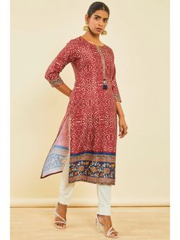 Soch - Maroon Satin Bandhani Print Kurta With Tassels