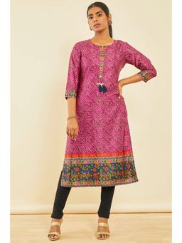 Soch - Magenta Satin Bandhani Print Kurta With Tassels