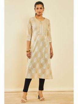 Soch - Beige Cotton Foil Print Kurta With Gotta Patti