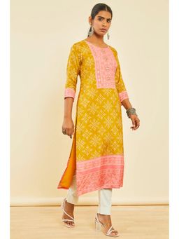 Soch - Mustard Cotton Bandhani Print Kurta With Cut Dana