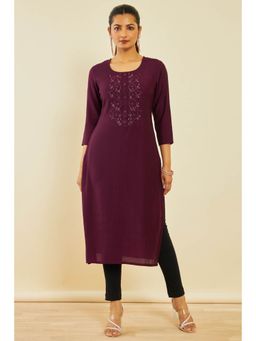 Soch - Wine Viscose Blend Kurta With Cut Dana
