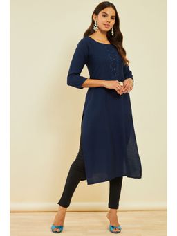 Soch - Navy Blue Viscose Blend Embroidered Kurta With Cut Dana