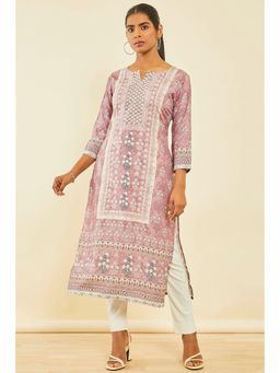 Soch - Onion Pink Cotton Botanical Print Kurta With Sequins