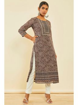 Soch - Brown Chanderi Abstract Print Kurta With Mirror Work