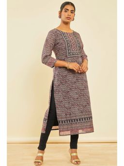 Soch - Maroon Chanderi Botanical Print Kurta With Mirror Work