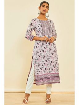 Soch - Pink Chanderi Botanical Print Kurta With Mirror Work