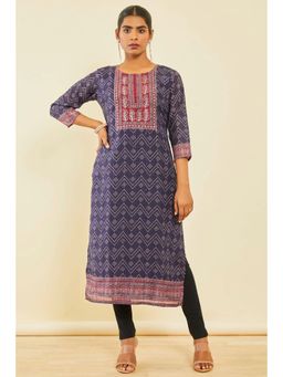 Soch - Navy Blue Chanderi Bandhani Print Kurta With Mirror Work