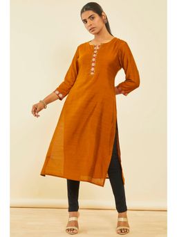 Soch - Mustard Silk Blend Solid Kurta With Sequins