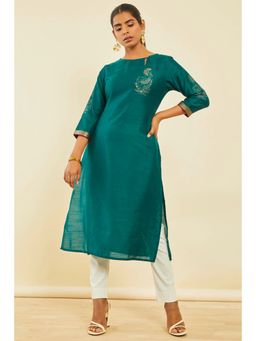 Soch - Teal Silk Blend Foil Print Kurta With Sequins