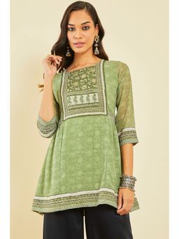 Soch - Sap Green Georgette Floral Print Tunic With Beads