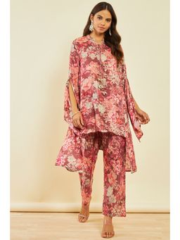 Soch - Pink Cotton Botanical Print Cord-set With Tassels (Set of 2)