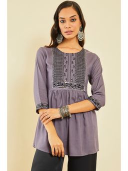 Soch - Grey Rayon Slub Embroidered Tunic With Sequins