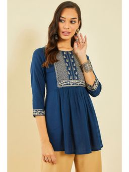 Soch - Teal Rayon Slub Embroidered Tunic With Sequins