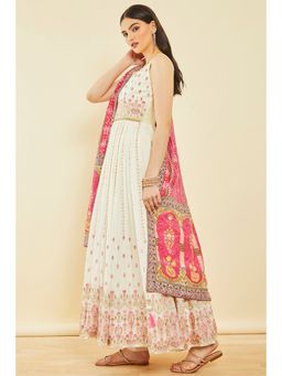 Soch - Off White Georgette Embroidered Cut Dana Suit Set With Churidar & Dupatta