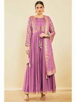 Soch - Onion Pink Cotton Embroidered Anarkali Suit With Sequins (Set of 3)