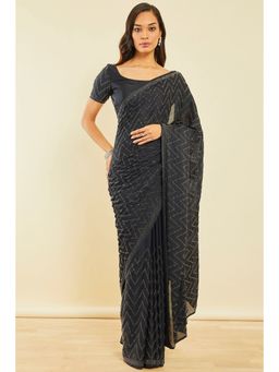 Soch - Charcoal Crepe Saree with Beads with Unstitched Blouse