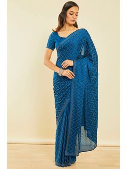 Soch - Blue Crepe Saree with Beads with Unstitched Blouse
