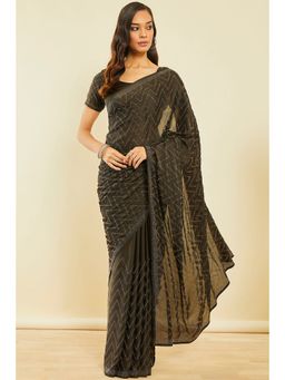 Soch - Olive Crepe Saree with Beads with Unstitched Blouse