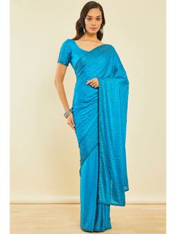Soch - Turquoise Blue Crepe Saree with Beads with Unstitched Blouse