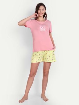 Bedtime Story - Pink & Yellow Half Sleeves T-Shirt with Shorts